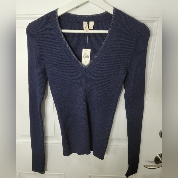 Moth Sweaters - V-Neck Knitted Navy Blue Sweater with Silver Metallic Trim Size XS